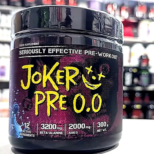 A tub of Joker Pre 0.0 pre-workout on the shop counter