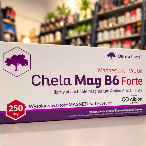A box of Chela Mag B6 Forte magnesium capsules on the shop counter