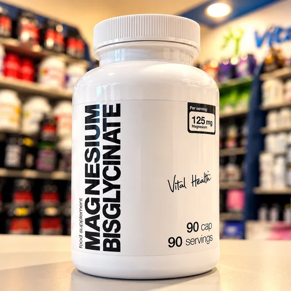 A bottle of Magnesium Bisglycinate capsules on the shop counter
